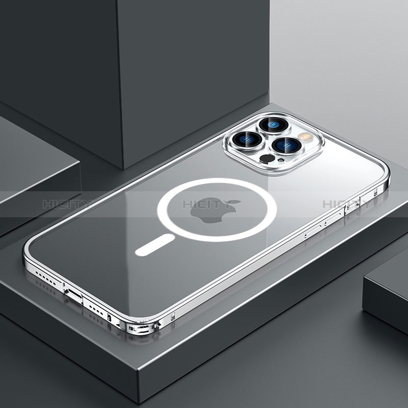 Coque Bumper Luxe Metal et Plastique Etui Housse avec Mag-Safe Magnetic Magnetique QC3 pour Apple iPhone 12 Pro Argent Plus