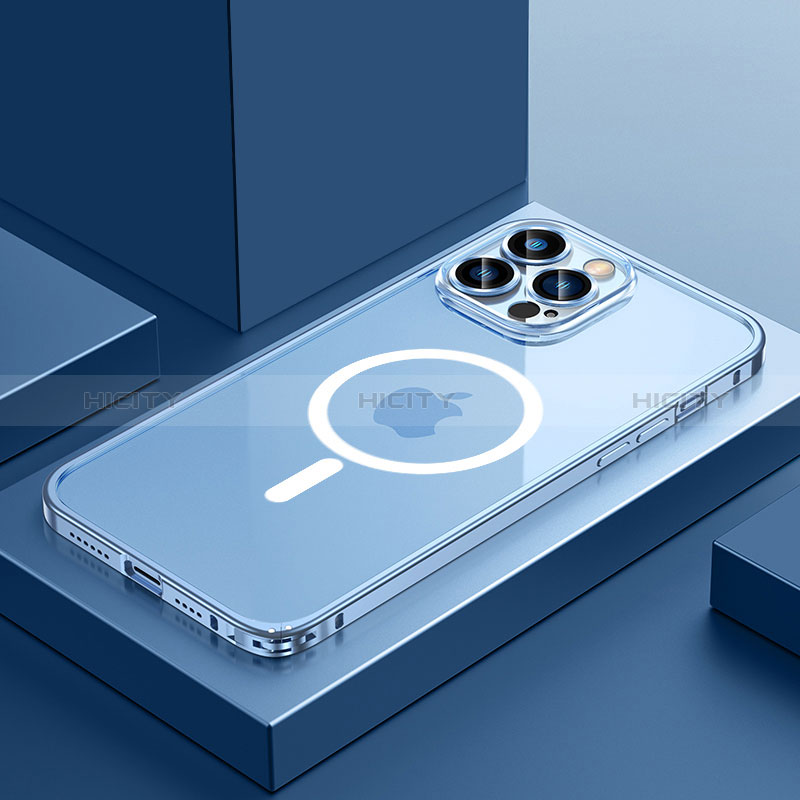 Coque Bumper Luxe Metal et Plastique Etui Housse avec Mag-Safe Magnetic Magnetique QC3 pour Apple iPhone 13 Pro Max Bleu Plus