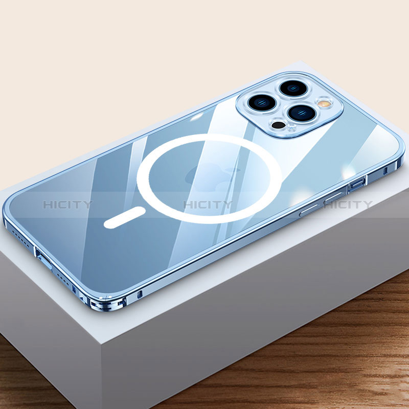 Coque Bumper Luxe Metal et Plastique Etui Housse avec Mag-Safe Magnetic Magnetique QC4 pour Apple iPhone 15 Pro Bleu Plus