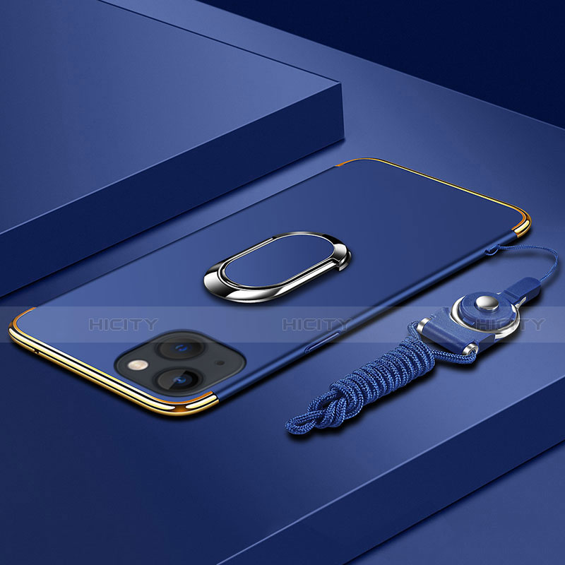 Coque Bumper Luxe Metal et Plastique Etui Housse avec Support Bague Anneau et Laniere pour Apple iPhone 13 Bleu Plus