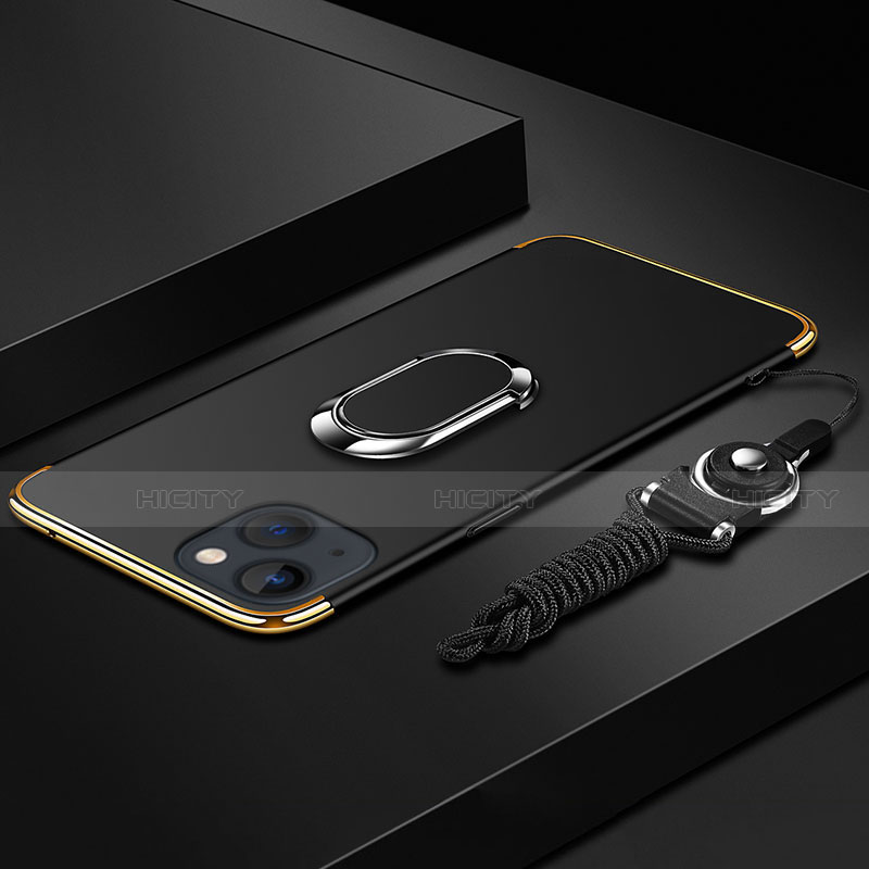 Coque Bumper Luxe Metal et Plastique Etui Housse avec Support Bague Anneau et Laniere pour Apple iPhone 14 Noir Plus