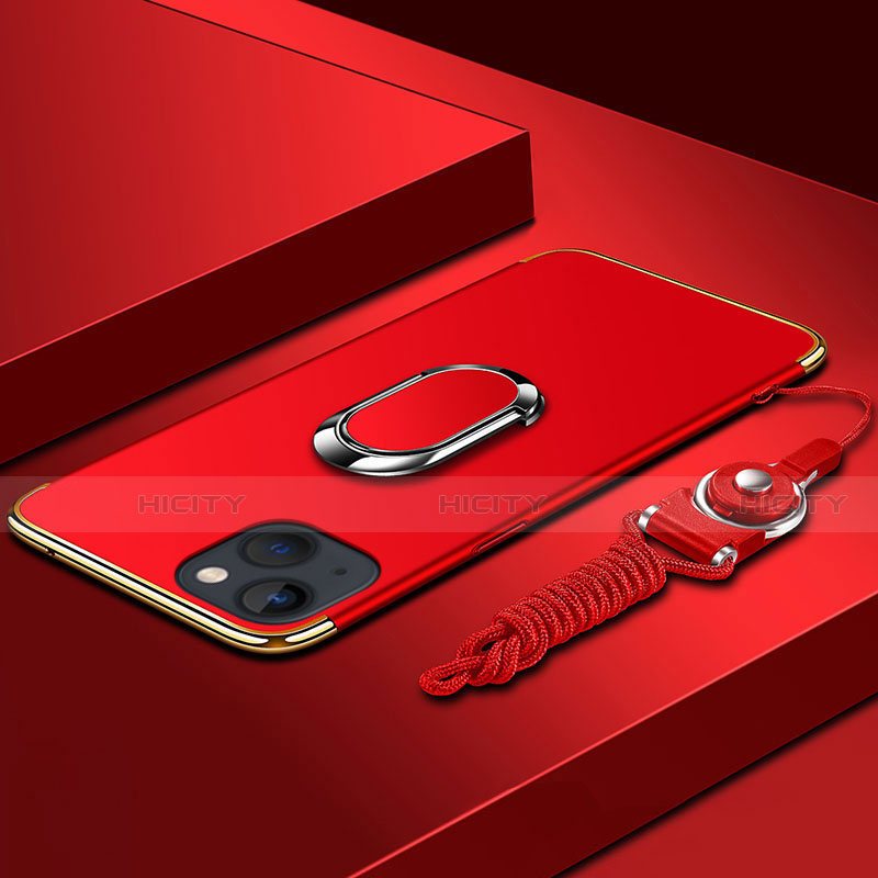 Coque Bumper Luxe Metal et Plastique Etui Housse avec Support Bague Anneau et Laniere pour Apple iPhone 14 Rouge Plus