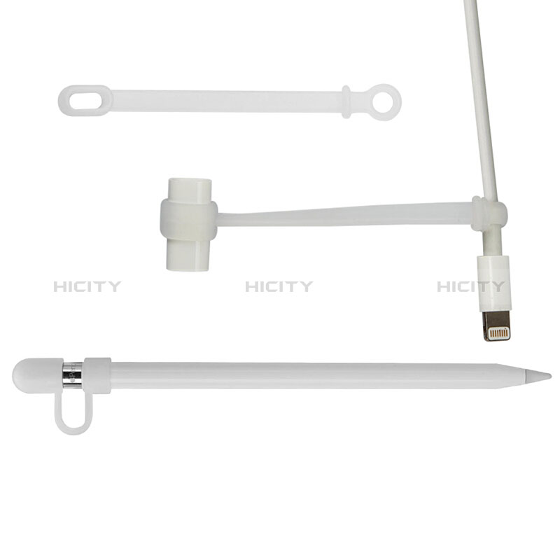 Coque Capuchon Holder Silicone Cable Lightning Adaptateur Anti-Perdu pour Apple Pencil Blanc Plus