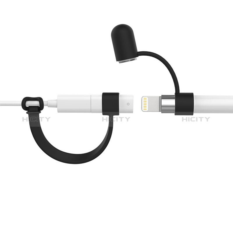 Coque Capuchon Holder Silicone Cable Lightning Adaptateur Anti-Perdu pour Apple Pencil Noir Plus