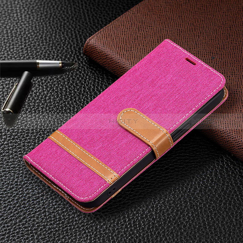 Coque Clapet Portefeuille Livre Tissu pour Apple iPhone 14 Pro Max Rose Rouge Plus
