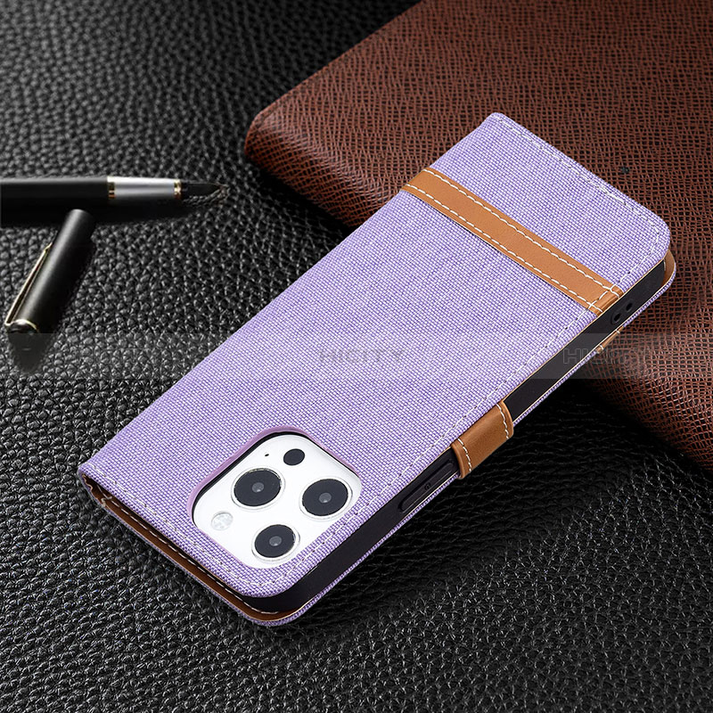 Coque Clapet Portefeuille Livre Tissu pour Apple iPhone 14 Pro Max Violet Plus