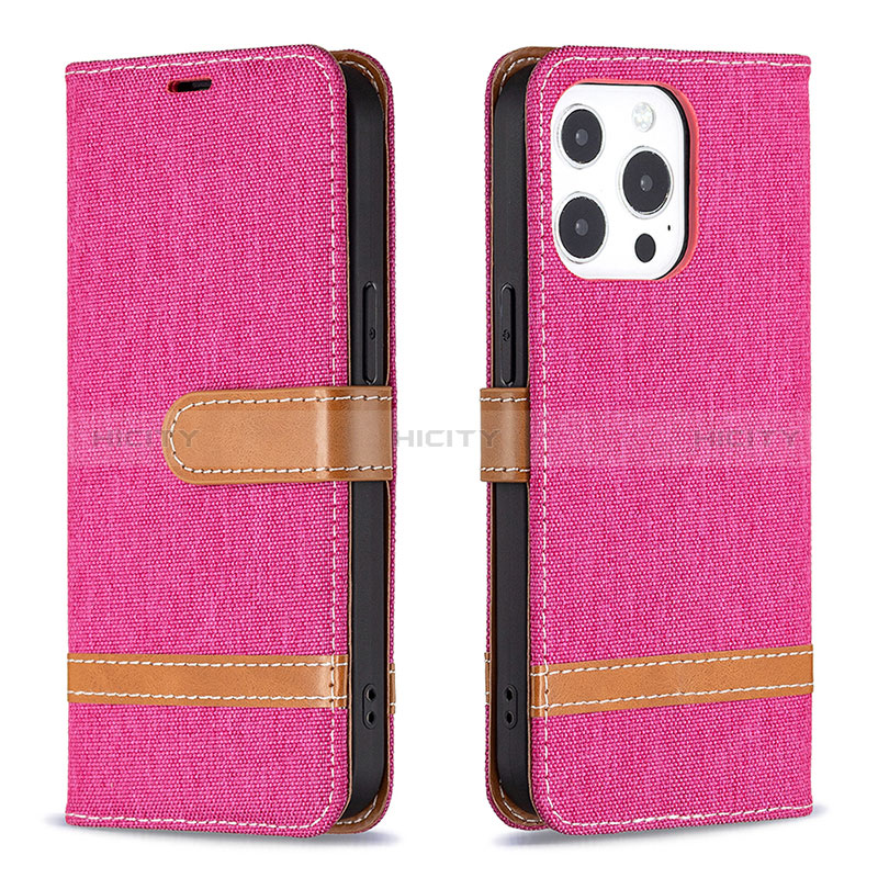 Coque Clapet Portefeuille Livre Tissu pour Apple iPhone 14 Pro Rose Rouge Plus
