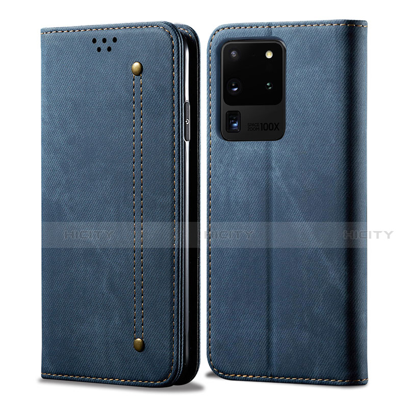 Coque Clapet Portefeuille Livre Tissu pour Samsung Galaxy S20 Ultra 5G Bleu Plus