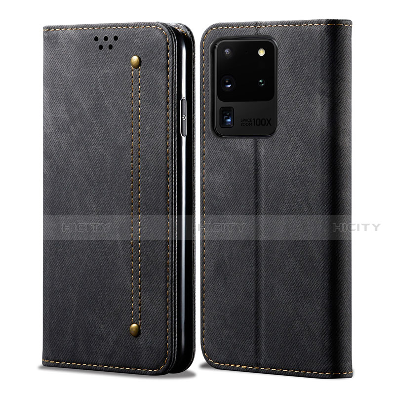Coque Clapet Portefeuille Livre Tissu pour Samsung Galaxy S20 Ultra 5G Noir Plus