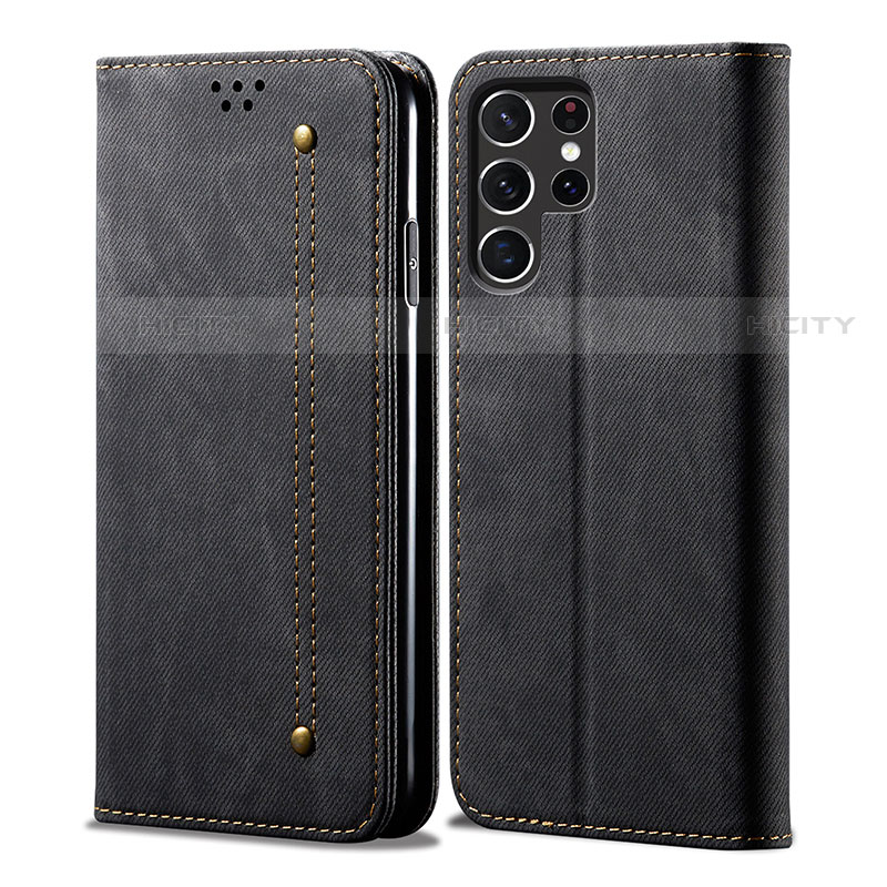 Coque Clapet Portefeuille Livre Tissu pour Samsung Galaxy S21 Ultra 5G Noir Plus