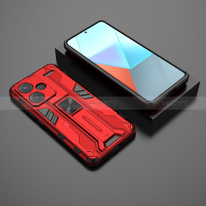 Coque Contour Silicone et Plastique Housse Etui Mat avec Aimant Magnetique Support KC1 pour Xiaomi Redmi Note 13 Pro+ Plus 5G Rouge Plus
