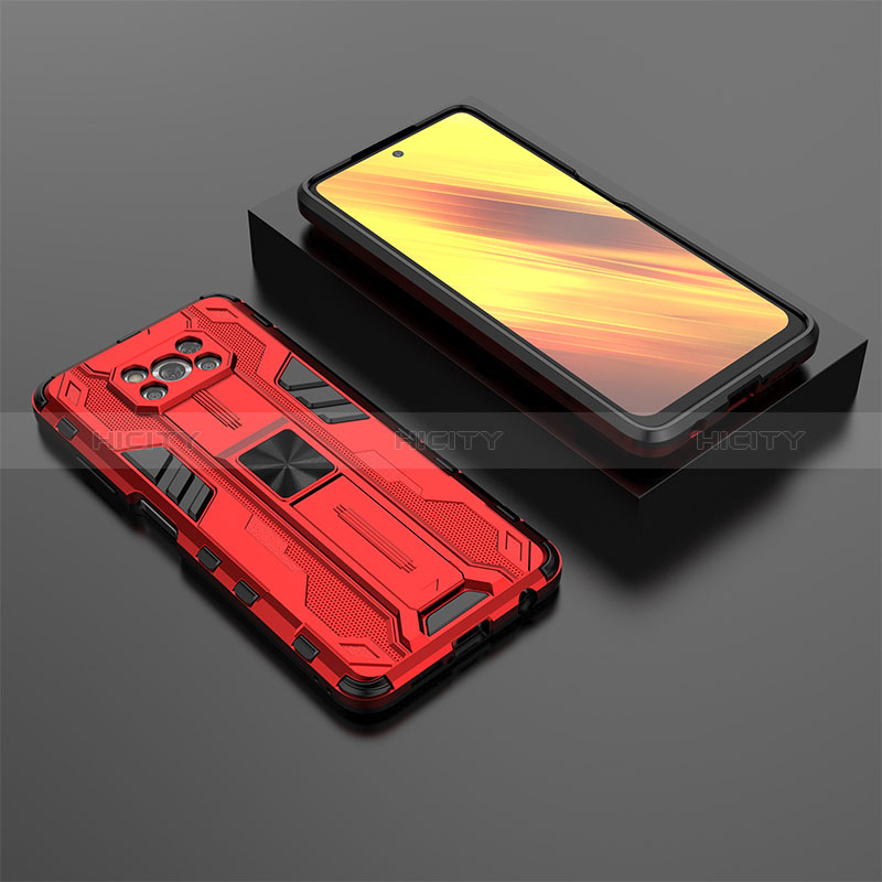 Coque Contour Silicone et Plastique Housse Etui Mat avec Aimant Magnetique Support KC2 pour Xiaomi Poco X3 NFC Rouge Plus