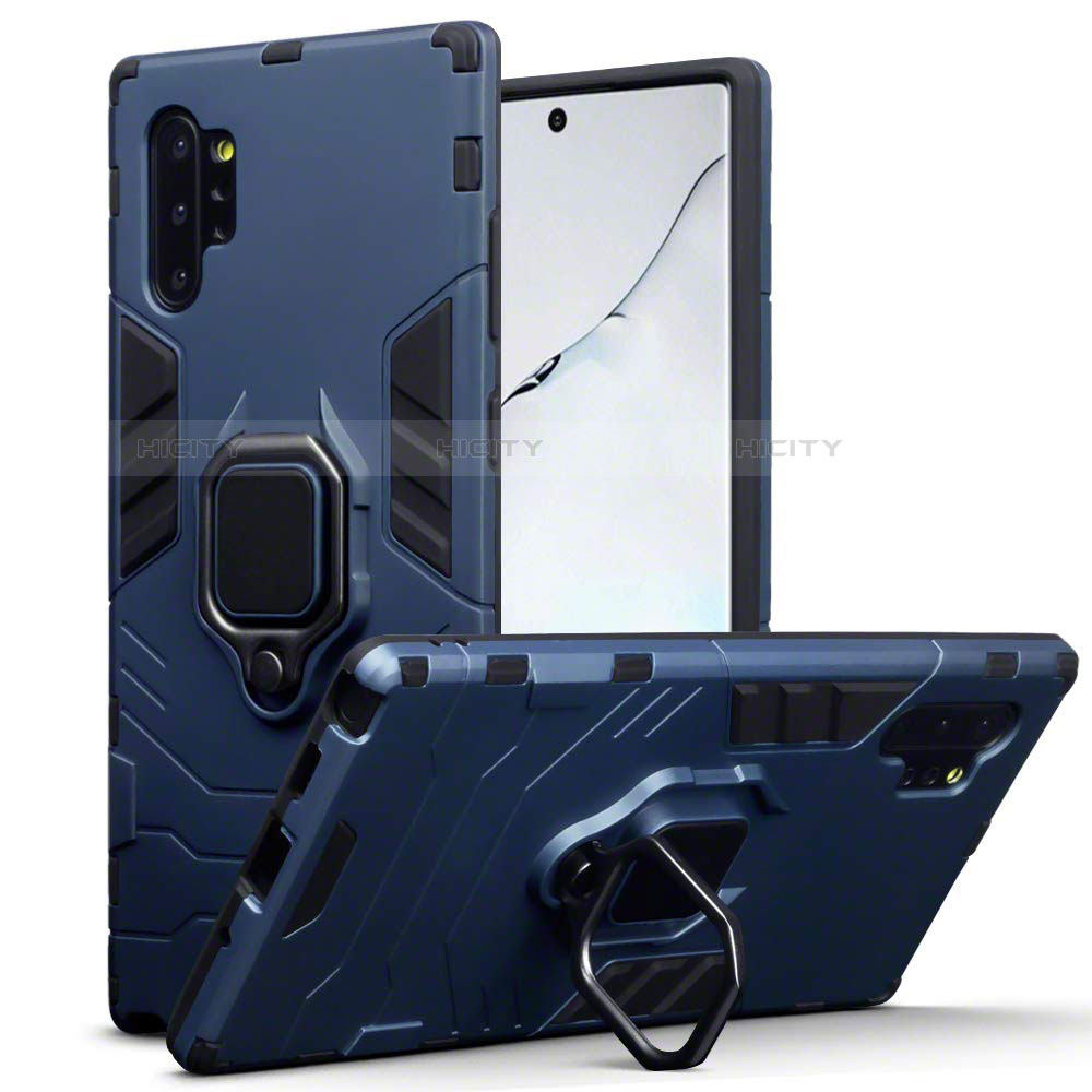 Coque Contour Silicone et Plastique Housse Etui Mat avec Magnetique Support A03 pour Samsung Galaxy Note 10 Plus Bleu Plus