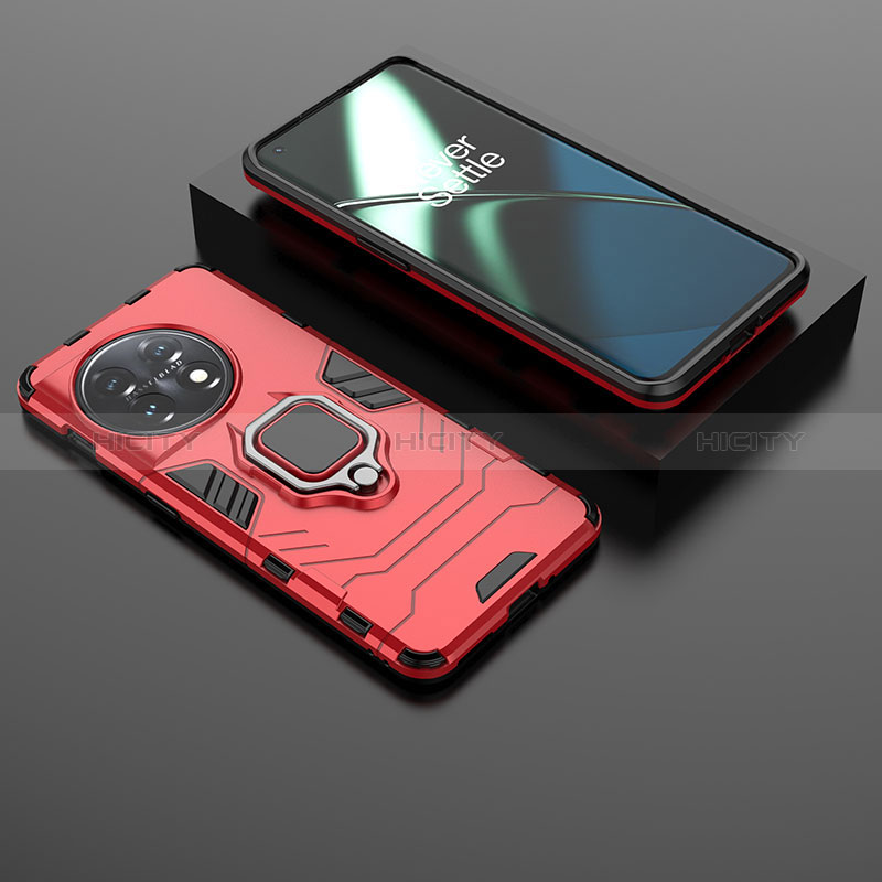 Coque Contour Silicone et Plastique Housse Etui Mat avec Magnetique Support Bague Anneau KC1 pour OnePlus 11 5G Rouge Plus