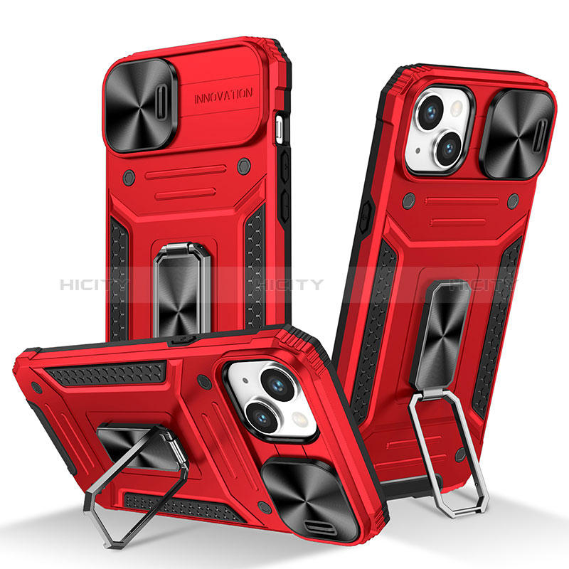 Coque Contour Silicone et Plastique Housse Etui Mat avec Magnetique Support Bague Anneau KC8 pour Apple iPhone 14 Rouge Plus