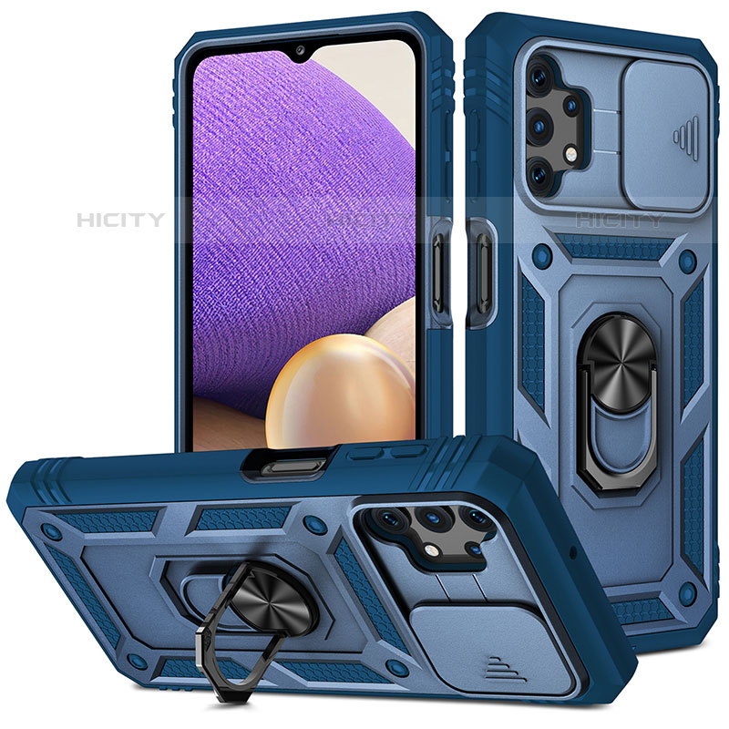 Coque Contour Silicone et Plastique Housse Etui Mat avec Magnetique Support Bague Anneau MQ5 pour Samsung Galaxy M32 5G Bleu Plus