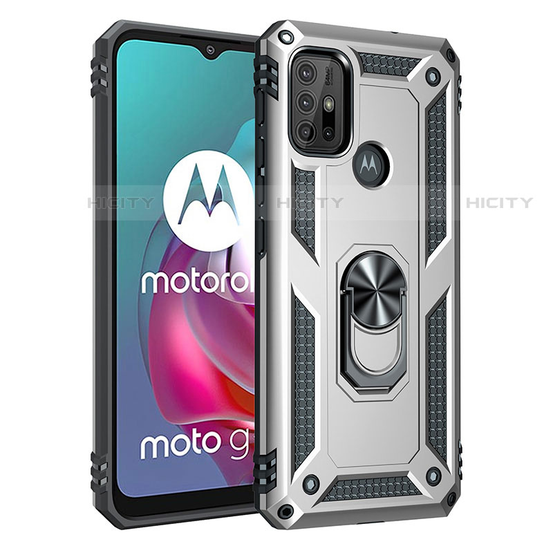 Coque Contour Silicone et Plastique Housse Etui Mat avec Magnetique Support Bague Anneau pour Motorola Moto G10 Power Argent Plus