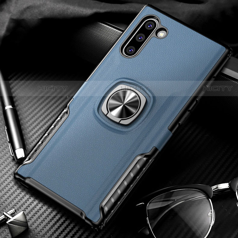 Coque Contour Silicone et Plastique Housse Etui Mat avec Magnetique Support Bague Anneau pour Samsung Galaxy Note 10 Bleu Plus
