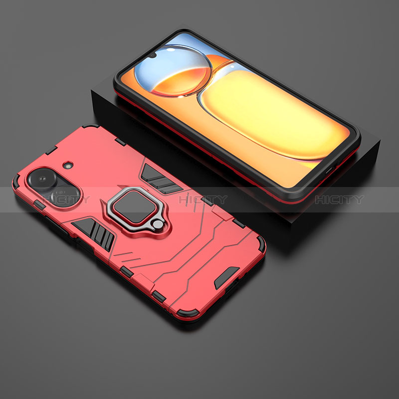 Coque Contour Silicone et Plastique Housse Etui Mat avec Magnetique Support Bague Anneau pour Xiaomi Redmi 13C Rouge Plus