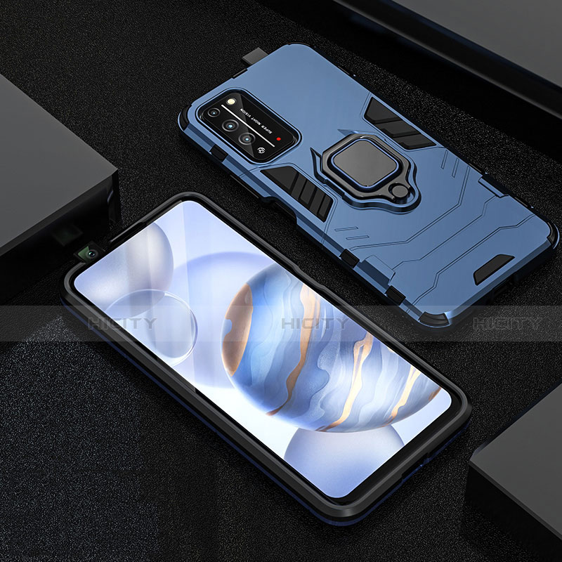Coque Contour Silicone et Plastique Housse Etui Mat avec Magnetique Support Bague Anneau R01 pour Huawei Honor X10 5G Bleu Plus