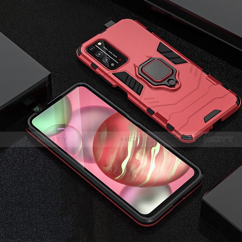 Coque Contour Silicone et Plastique Housse Etui Mat avec Magnetique Support Bague Anneau R01 pour Huawei Honor X10 5G Rouge Plus