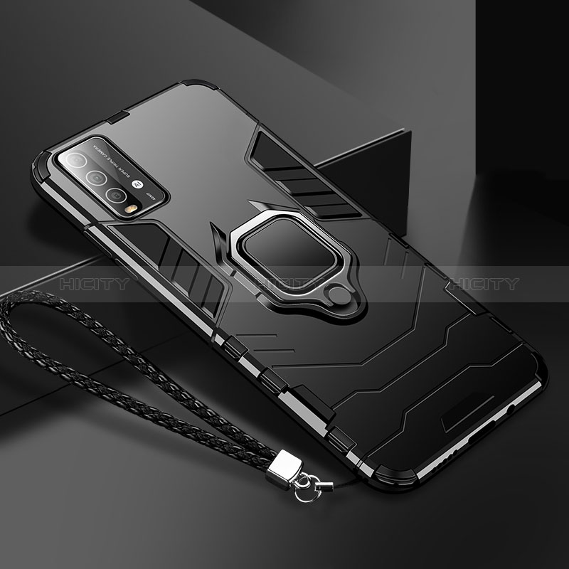 Coque Contour Silicone et Plastique Housse Etui Mat avec Magnetique Support Bague Anneau R01 pour Xiaomi Redmi 9T 4G Noir Plus