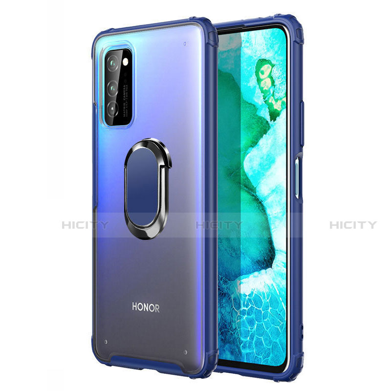 Coque Contour Silicone et Plastique Housse Etui Mat avec Magnetique Support Bague Anneau R04 pour Huawei Honor View 30 5G Bleu Plus