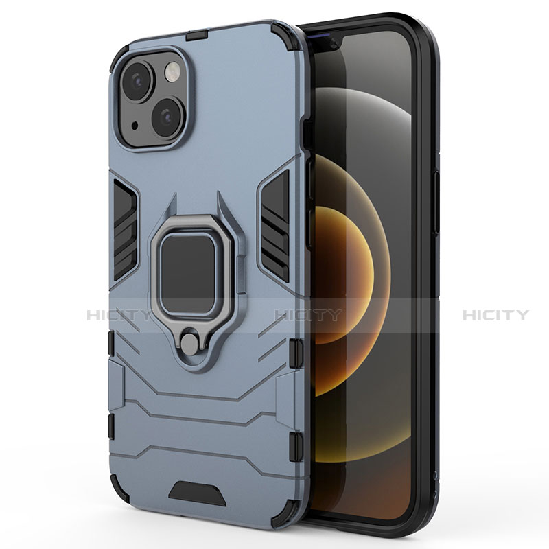 Coque Contour Silicone et Plastique Housse Etui Mat avec Magnetique Support Bague Anneau S01 pour Apple iPhone 14 Bleu Plus