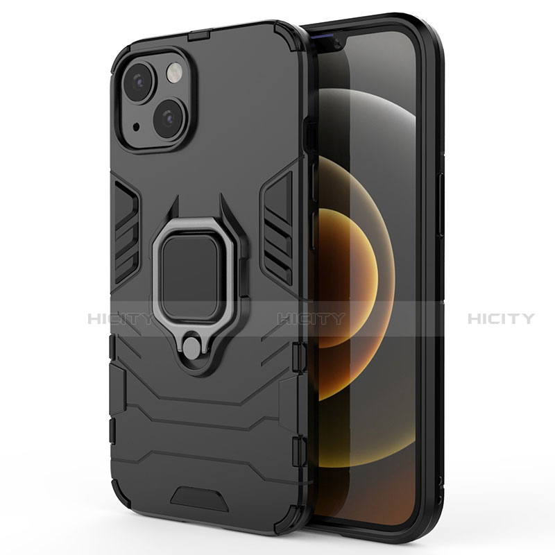 Coque Contour Silicone et Plastique Housse Etui Mat avec Magnetique Support Bague Anneau S01 pour Apple iPhone 14 Noir Plus