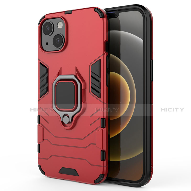 Coque Contour Silicone et Plastique Housse Etui Mat avec Magnetique Support Bague Anneau S01 pour Apple iPhone 14 Rouge Plus