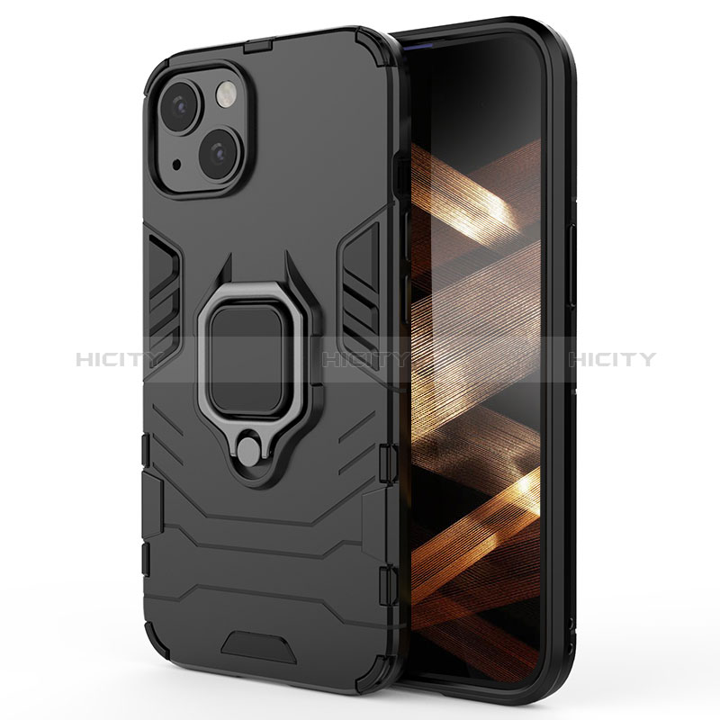 Coque Contour Silicone et Plastique Housse Etui Mat avec Magnetique Support Bague Anneau S01 pour Apple iPhone 15 Plus Noir Plus