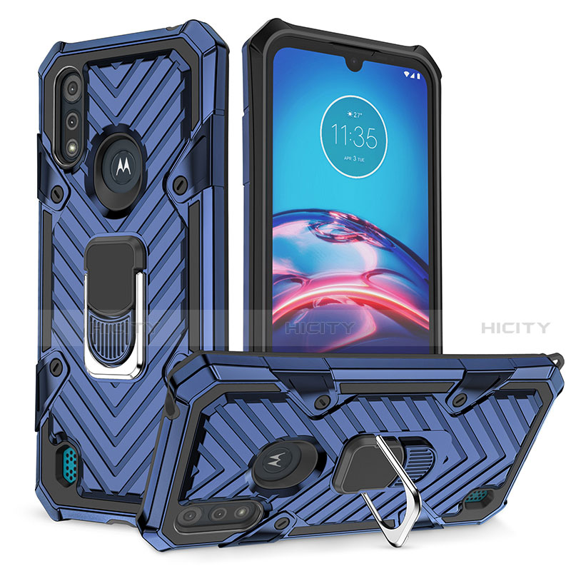 Coque Contour Silicone et Plastique Housse Etui Mat avec Magnetique Support Bague Anneau S01 pour Motorola Moto E6s (2020) Bleu Plus
