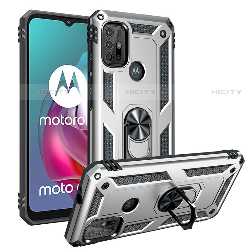Coque Contour Silicone et Plastique Housse Etui Mat avec Magnetique Support Bague Anneau S01 pour Motorola Moto G10 Argent Plus