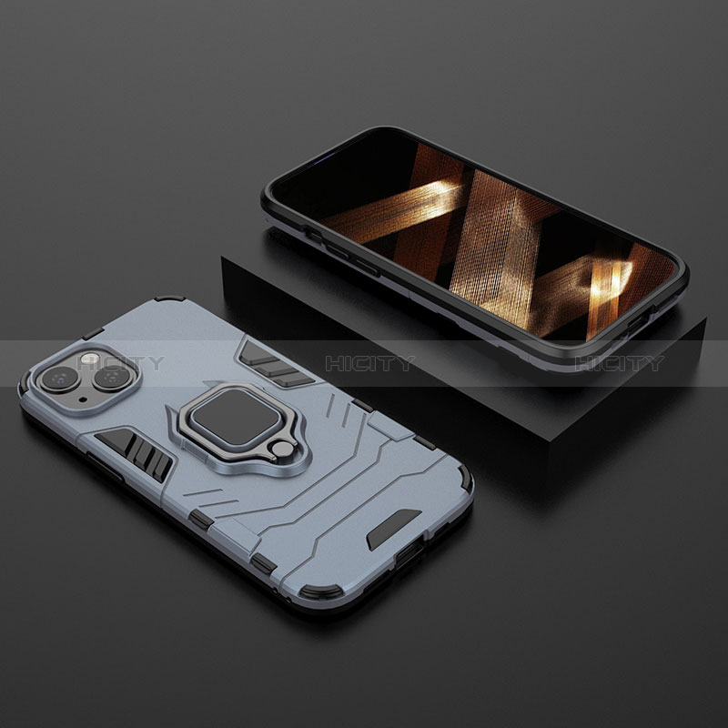 Coque Contour Silicone et Plastique Housse Etui Mat avec Magnetique Support Bague Anneau S02 pour Apple iPhone 15 Plus Bleu Plus