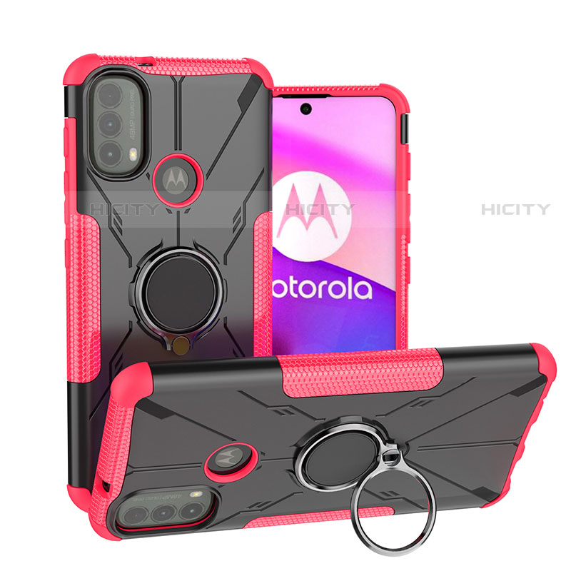 Coque Contour Silicone et Plastique Housse Etui Mat avec Magnetique Support Bague Anneau S02 pour Motorola Moto E40 Rose Rouge Plus