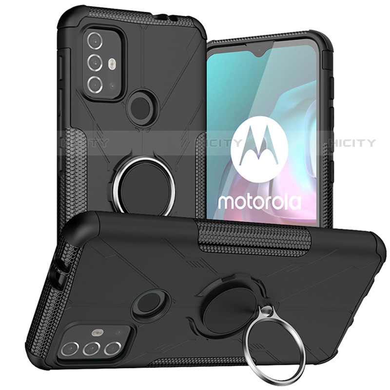 Coque Contour Silicone et Plastique Housse Etui Mat avec Magnetique Support Bague Anneau S02 pour Motorola Moto G20 Noir Plus