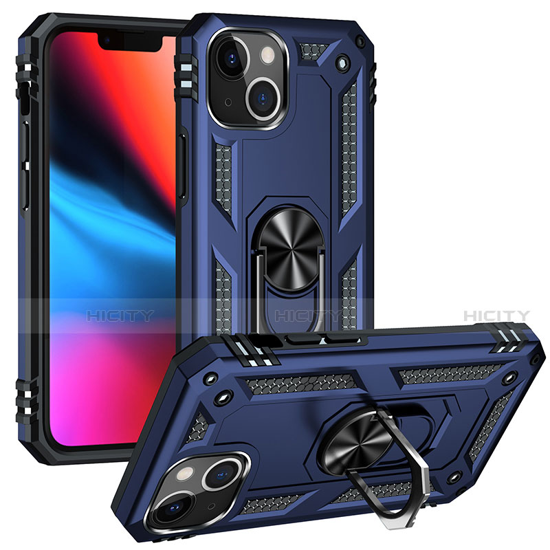 Coque Contour Silicone et Plastique Housse Etui Mat avec Magnetique Support Bague Anneau S05 pour Apple iPhone 14 Bleu Plus