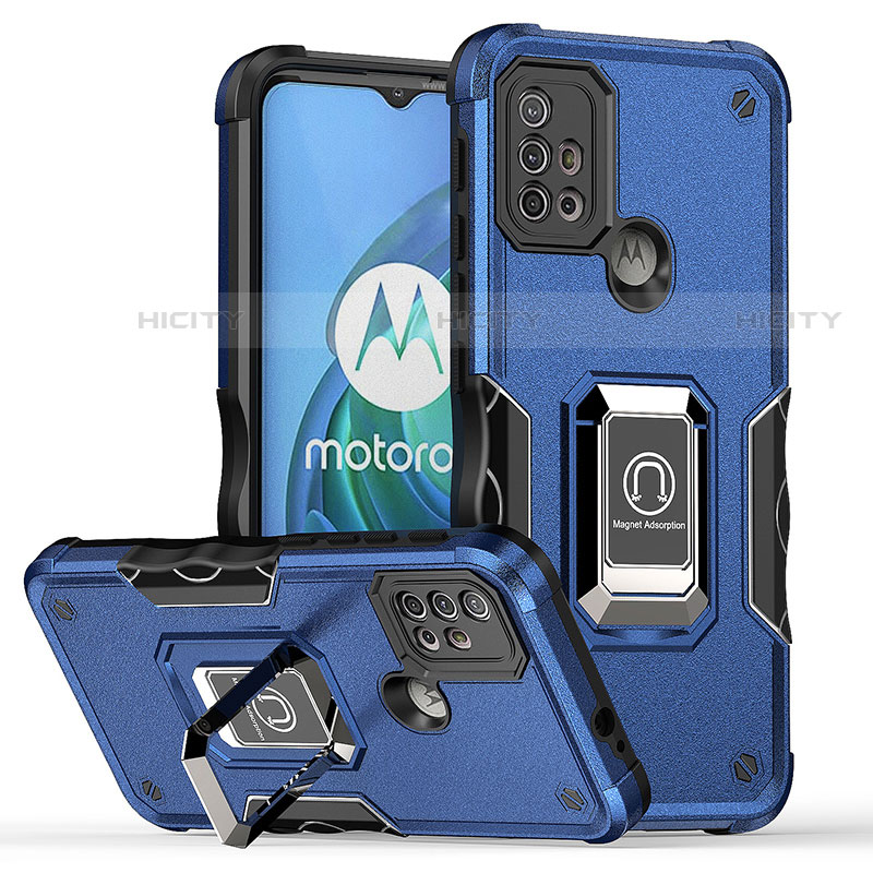 Coque Contour Silicone et Plastique Housse Etui Mat avec Magnetique Support Bague Anneau S05 pour Motorola Moto G10 Bleu Plus