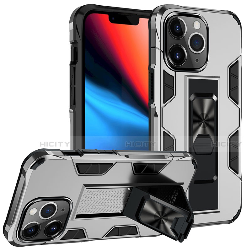 Coque Contour Silicone et Plastique Housse Etui Mat avec Magnetique Support Bague Anneau S07 pour Apple iPhone 13 Pro Max Argent Plus