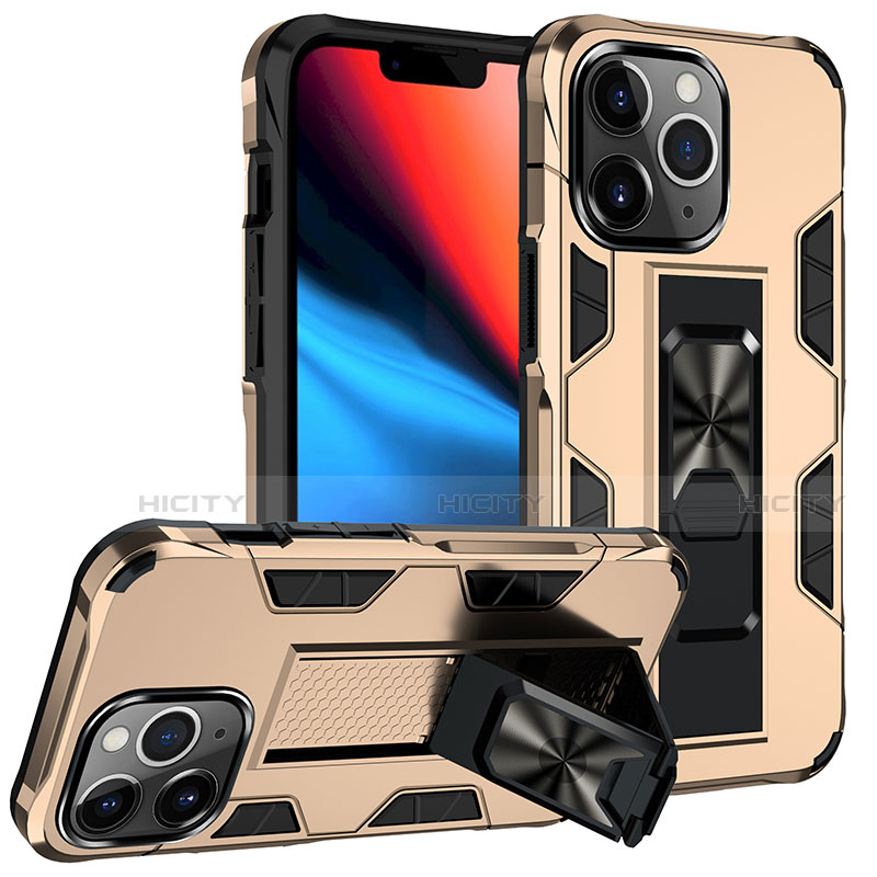 Coque Contour Silicone et Plastique Housse Etui Mat avec Magnetique Support Bague Anneau S07 pour Apple iPhone 13 Pro Max Or Plus