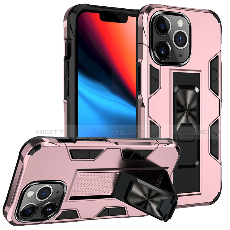 Coque Contour Silicone et Plastique Housse Etui Mat avec Magnetique Support Bague Anneau S07 pour Apple iPhone 13 Pro Max Or Rose Plus