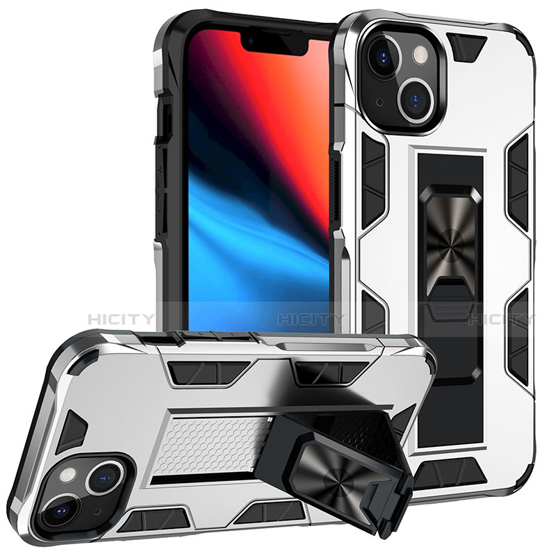 Coque Contour Silicone et Plastique Housse Etui Mat avec Magnetique Support Bague Anneau S07 pour Apple iPhone 14 Blanc Plus