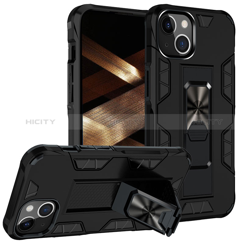 Coque Contour Silicone et Plastique Housse Etui Mat avec Magnetique Support Bague Anneau S07 pour Apple iPhone 15 Plus Noir Plus