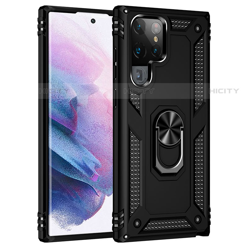 Coque Contour Silicone et Plastique Housse Etui Mat avec Magnetique Support Bague Anneau T02 pour Samsung Galaxy S22 Ultra 5G Noir Plus