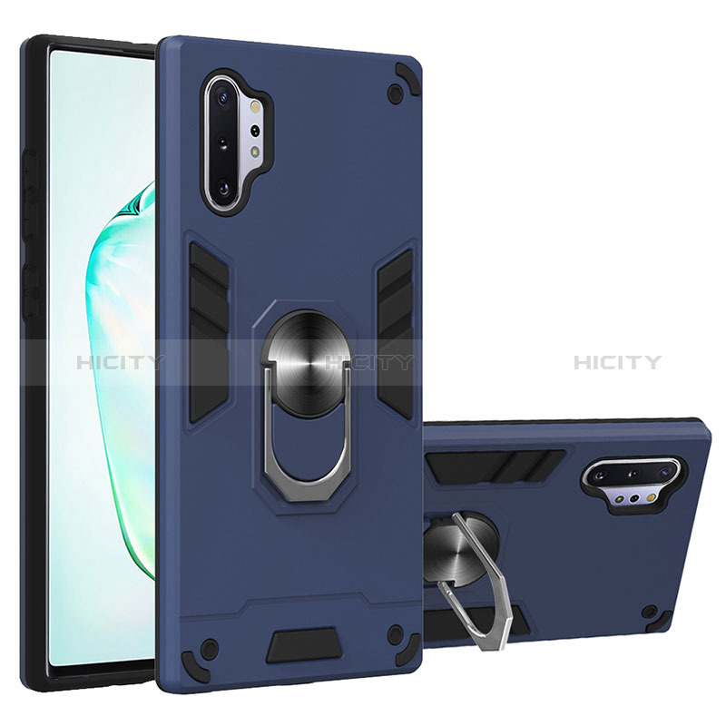 Coque Contour Silicone et Plastique Housse Etui Mat avec Magnetique Support Bague Anneau Y01B pour Samsung Galaxy Note 10 Plus 5G Bleu Plus