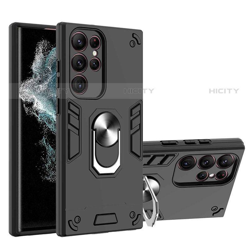 Coque Contour Silicone et Plastique Housse Etui Mat avec Magnetique Support Bague Anneau Y01B pour Samsung Galaxy S21 Ultra 5G Noir Plus