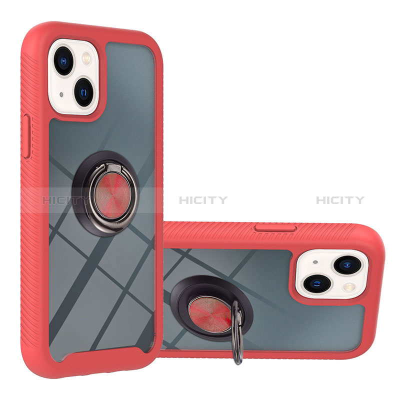 Coque Contour Silicone et Plastique Housse Etui Mat avec Magnetique Support Bague Anneau YB1 pour Apple iPhone 14 Rouge Plus