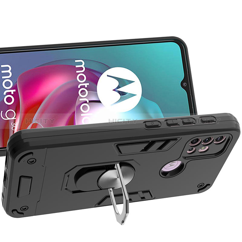 Coque Contour Silicone et Plastique Housse Etui Mat avec Magnetique Support Bague Anneau YB1 pour Motorola Moto G30 Plus