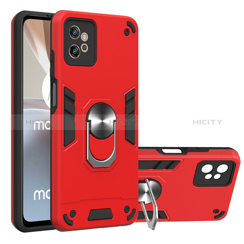Coque Contour Silicone et Plastique Housse Etui Mat avec Magnetique Support Bague Anneau YB1 pour Motorola Moto G32 Rouge Plus