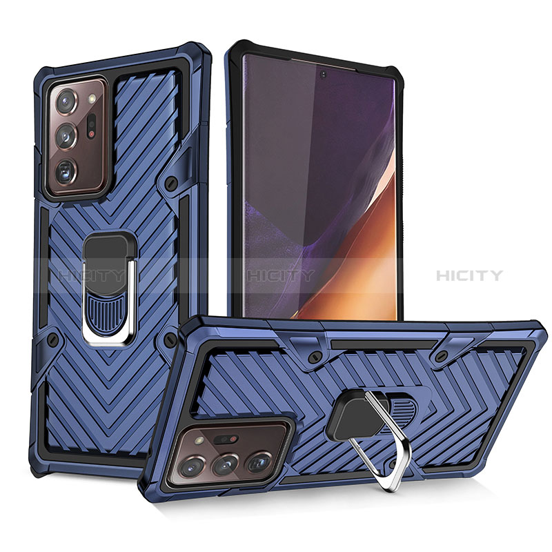 Coque Contour Silicone et Plastique Housse Etui Mat avec Magnetique Support Bague Anneau YF1 pour Samsung Galaxy Note 20 Ultra 5G Bleu Plus